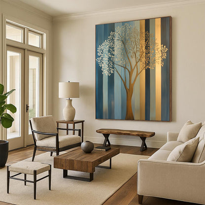 Contemporary hand-painted abstract artwork features an elegant tree in soft gold and silver tones against muted teal and geometric blue-gray stripes. DLZ1403