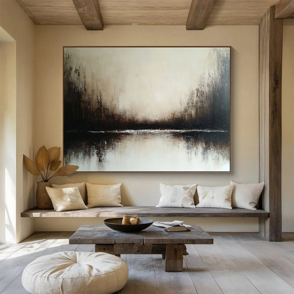 “Misty Landscape in Neutral Tones” - Beige, brown, white; Abstract misty landscape with a reflective body of water; Soft Oil Painting On Canvas HB1203