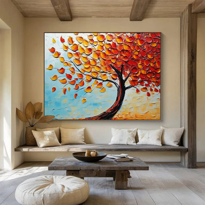 “Textured Autumn Tree” - Orange, Yellow, Red Leaves, Blue Sky, Palette Knife Landscape Painting On Canvas HB1100