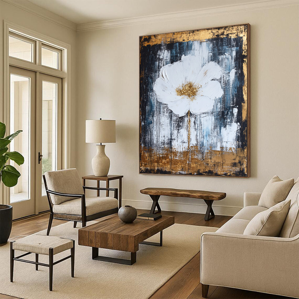 Contemporary hand-painted abstract artwork featuring white and gold tones, thick brush strokes, textured canvas, and a harmonious design with elegant metallic accents. DLZ0779