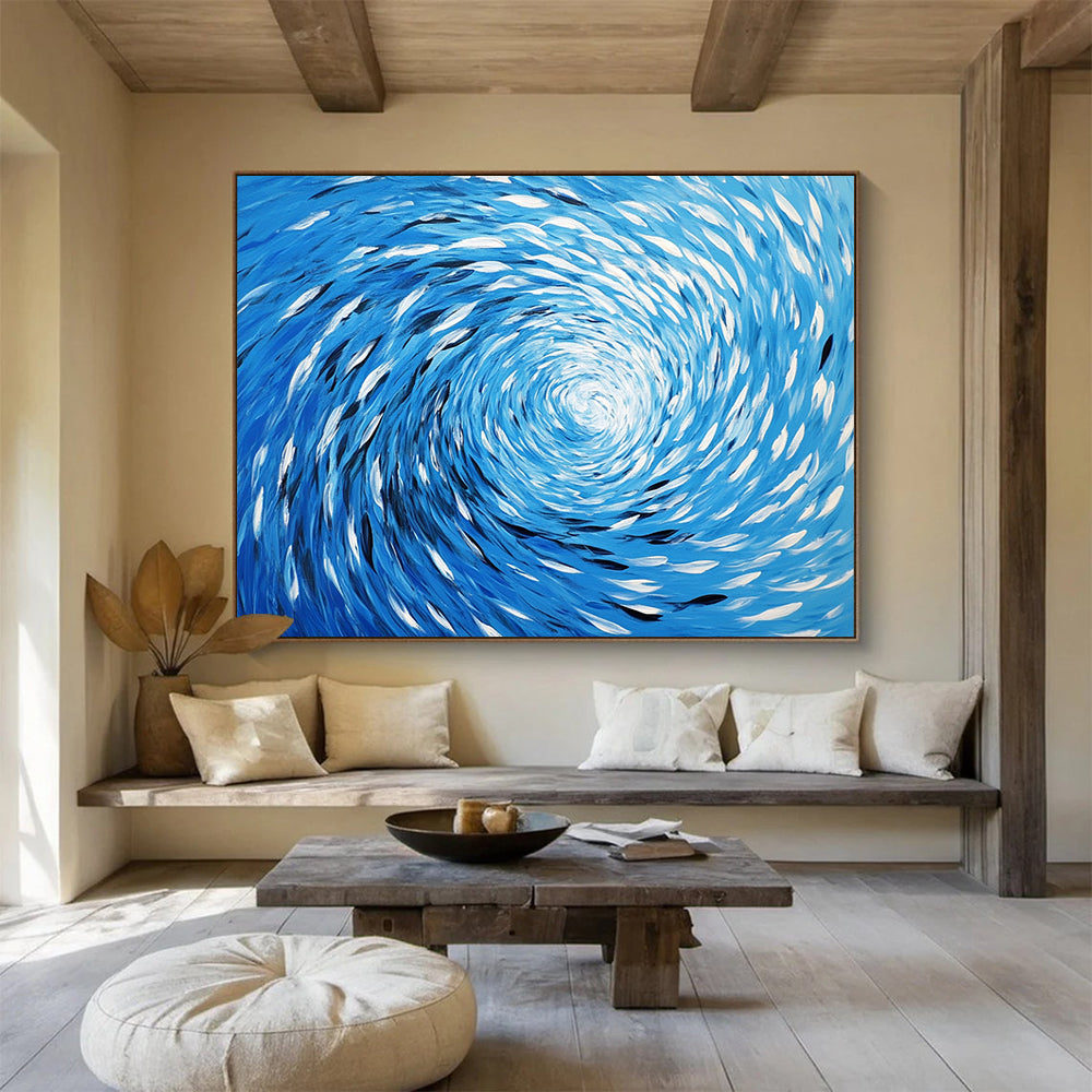 “Blue Fish Spiral” - Blue, White, Fish Spiral Oil Painting On Canvas HB0724