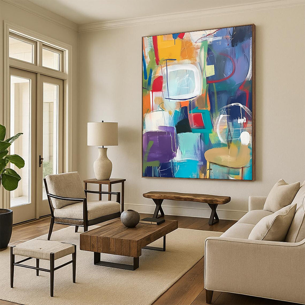 Contemporary abstract artwork features vibrant shapes and playful forms with lively backgrounds of everyday objects for a fun decor enhancement. DLZ0944