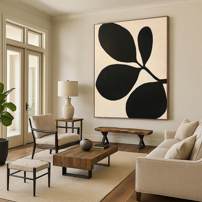 Contemporary abstract artwork featuring Matisse-inspired cutouts with bold black shapes, large leaves, minimalism, and striking negative space on a white background. DLZ1595