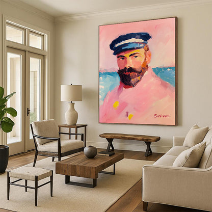 Contemporary hand-painted abstract artwork featuring a sailor in pink attire with a pastel palette and thick brush strokes against a vibrant background. DLZ1408
