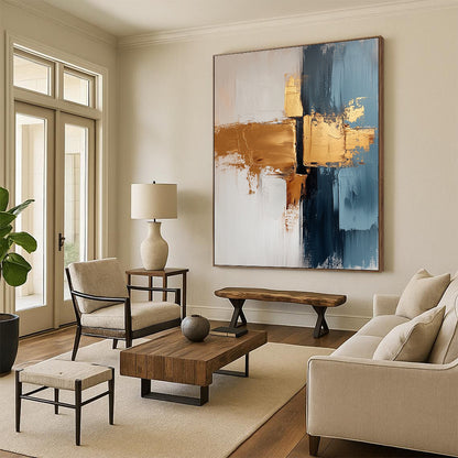 Contemporary abstract painting features a white background with gold and gray brush strokes delivering tranquility and elegance suitable for living room or bedroom decor. DLZ0689