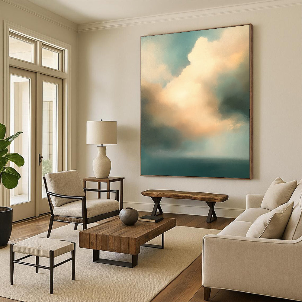 Contemporary abstract oil painting features muted teal and beige clouds over an ocean, creating a serene and captivating atmosphere. DLZ0892