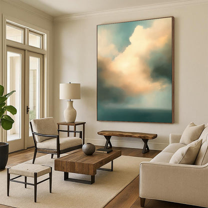 Contemporary abstract oil painting features muted teal and beige clouds over an ocean, creating a serene and captivating atmosphere. DLZ0892