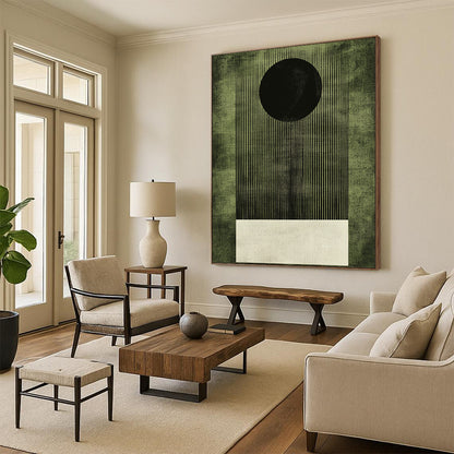 Contemporary abstract artwork featuring a dark green background with a white square and grainy texture highlighting a bold black circle. DLZ1610