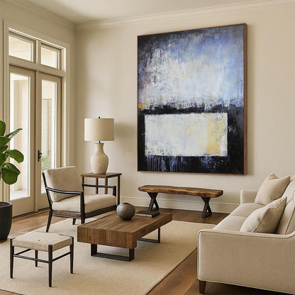 Contemporary hand-painted abstract artwork with blue gray and white layers soft edges textured metal elements evokes calmness and contemplation. DLZ0752