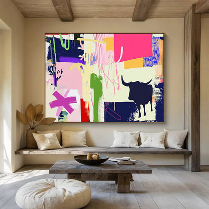 “Colorful Collage with Bull Silhouette” - Colorful Palette, Collage with Bull Shape Painting On Canvas HB0862