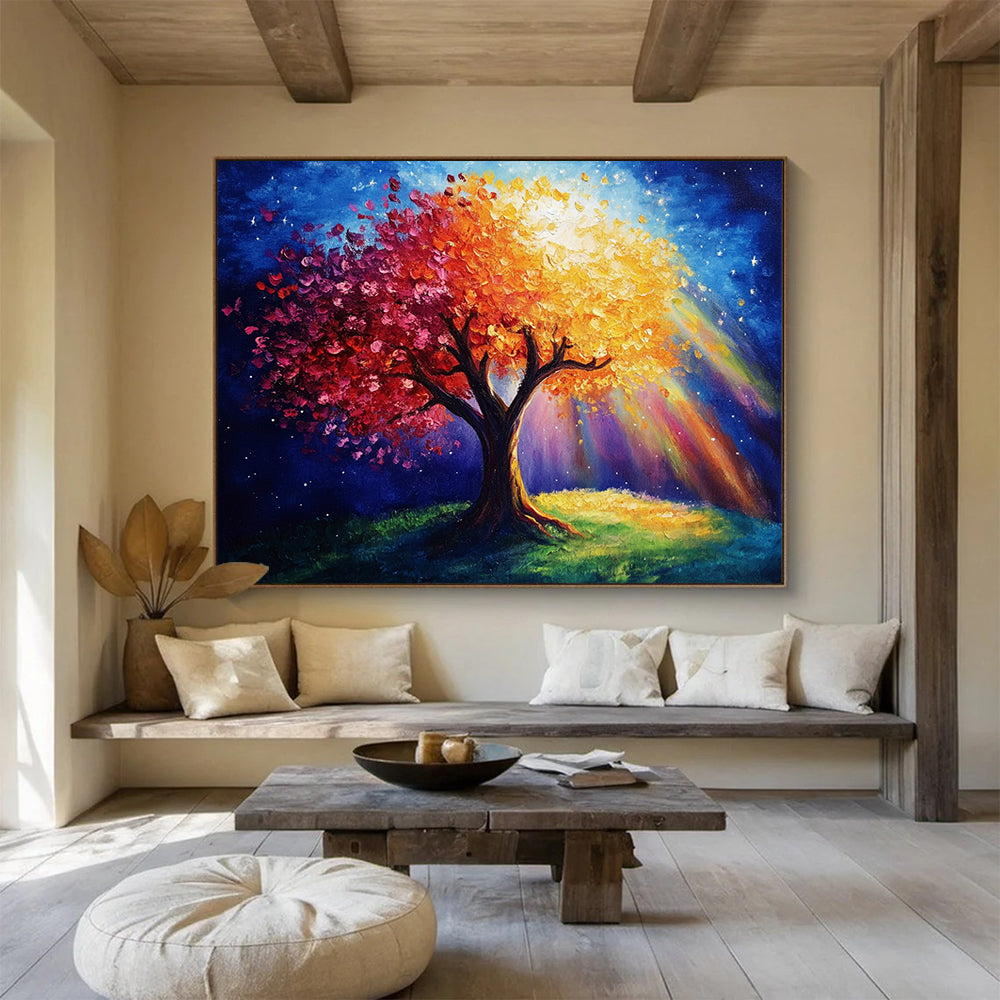 “Magical Tree with Colorful Blossoms and Light” - Blue, Red, Orange, Yellow, Magical Tree Scene - Fantasy Acrylic Painting HB1639