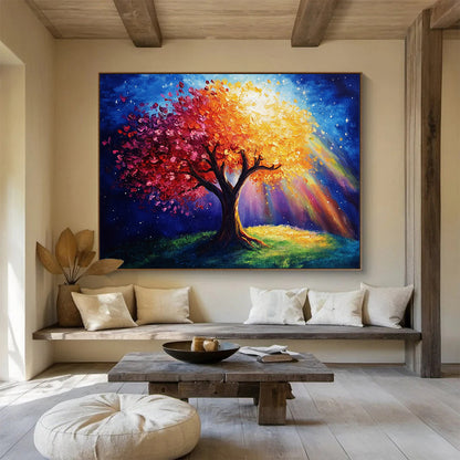 “Magical Tree with Colorful Blossoms and Light” - Blue, Red, Orange, Yellow, Magical Tree Scene - Fantasy Acrylic Painting HB1639