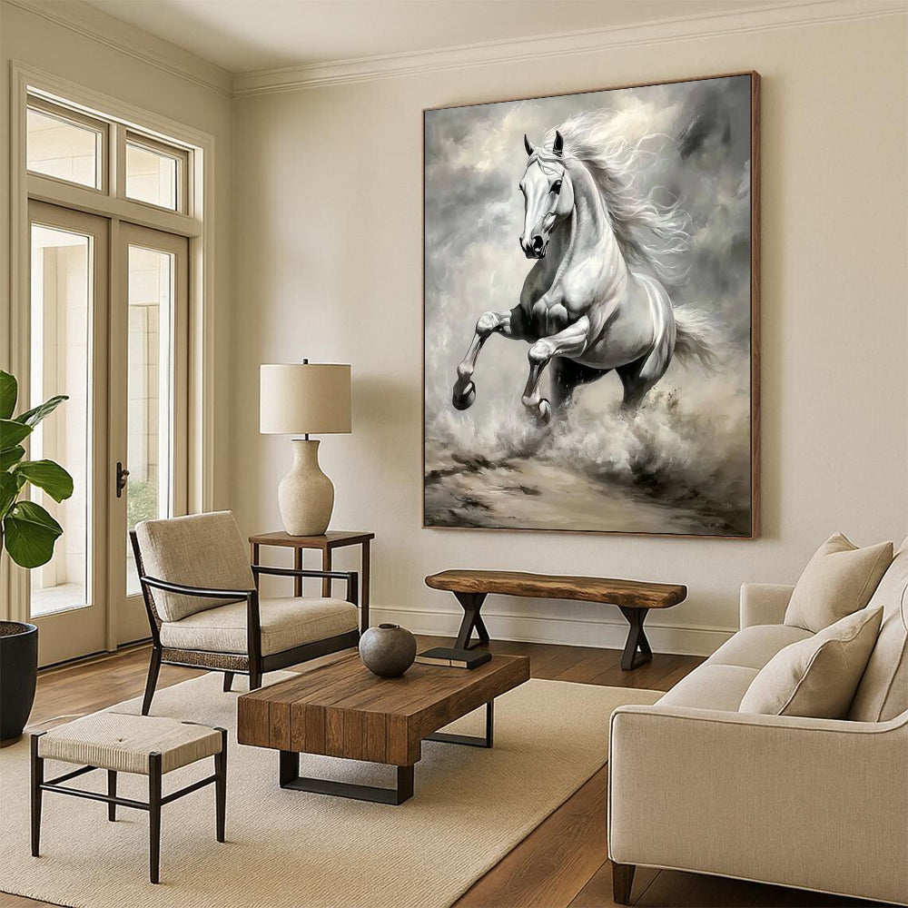 Contemporary hand-painted abstract art featuring a silver horse galloping across vast grassland with exquisite details and vibrant colors illuminated by sunlight. DLZ1660