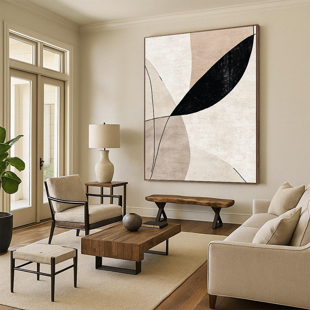 Contemporary handcrafted abstract art featuring elegant lines and curves in beige tones with striking black accents, perfect for sophisticated decor. DLZ0797