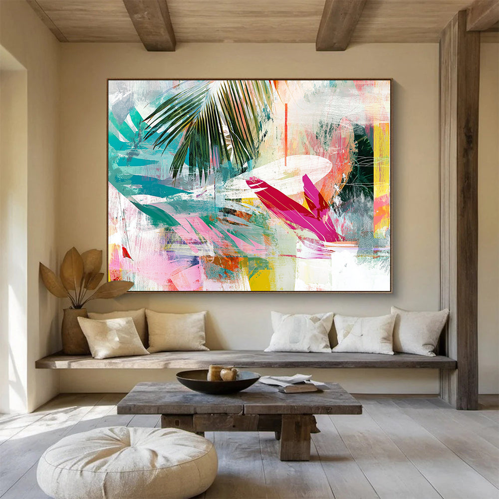 “Colorful Tropical Leaf Collage” - Colorful Palette, Tropical Leaves, Abstract Collage Painting On Canvas HB0854