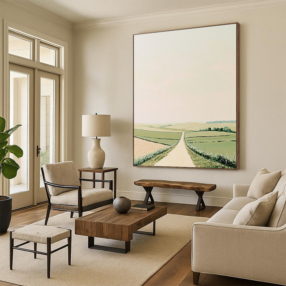 Contemporary hand-painted abstract art featuring rolling green fields and minimalistic Scandinavian style in muted pastels on a beige background. DLZ1503