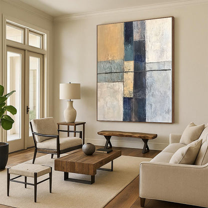 Contemporary abstract artwork featuring an ancient cross textured canvas with hand stitching in grey blue and beige tones minimalistic design. DLZ0945