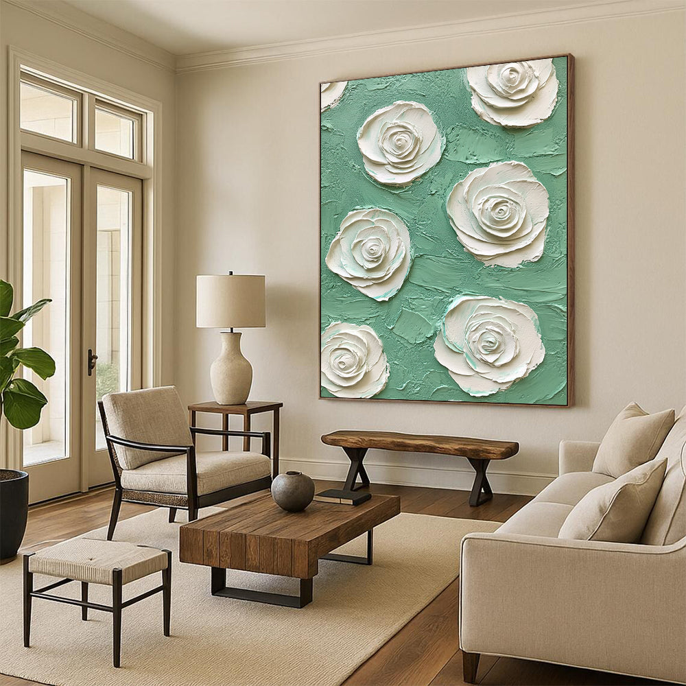 Contemporary abstract art featuring mint green and white rose embossing on a textured impasto background creates a captivating visual experience. DLZ1644