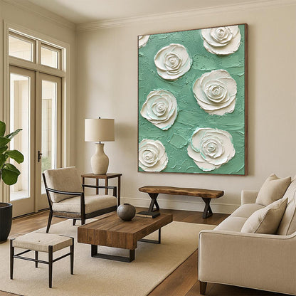 Contemporary abstract art featuring mint green and white rose embossing on a textured impasto background creates a captivating visual experience. DLZ1644