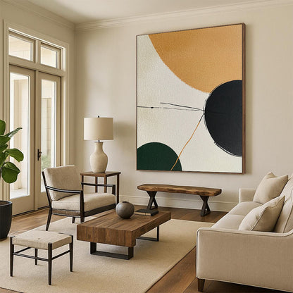 Contemporary hand-painted abstract art featuring minimalistic shapes in earthy tones with a calming palette and elegant black lines connecting forms. DLZ1191