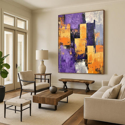 Contemporary abstract painting featuring a textured purple orange and grey cityscape with large buildings casting shadows across vibrant layers. DLZ0990