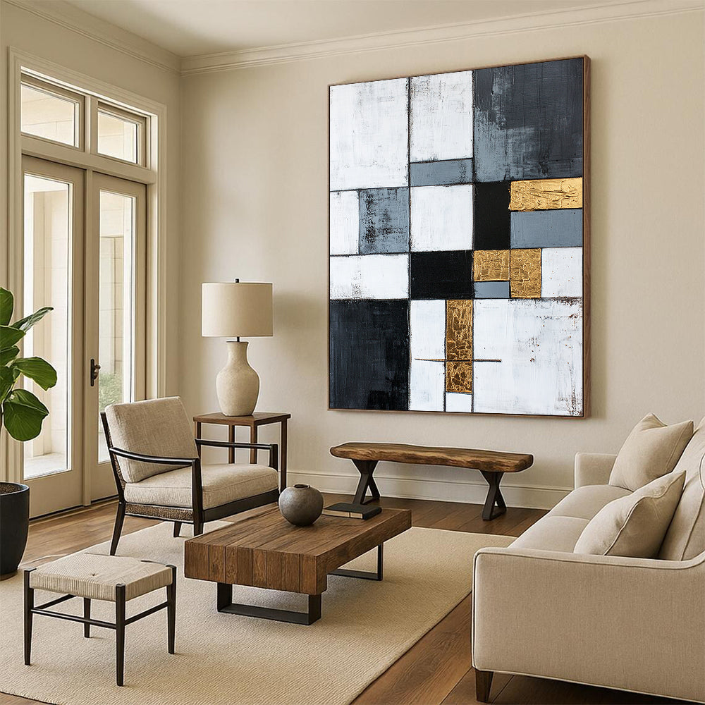 Gray, White, Gold, Black, Patchwork Squares "Gilded Harmony" Abstract Neo - Platicist Painting On Canvas HB150