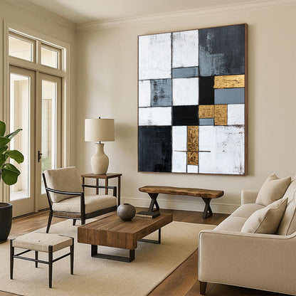 Gray, White, Gold, Black, Patchwork Squares "Gilded Harmony" Abstract Neo - Platicist Painting On Canvas HB150