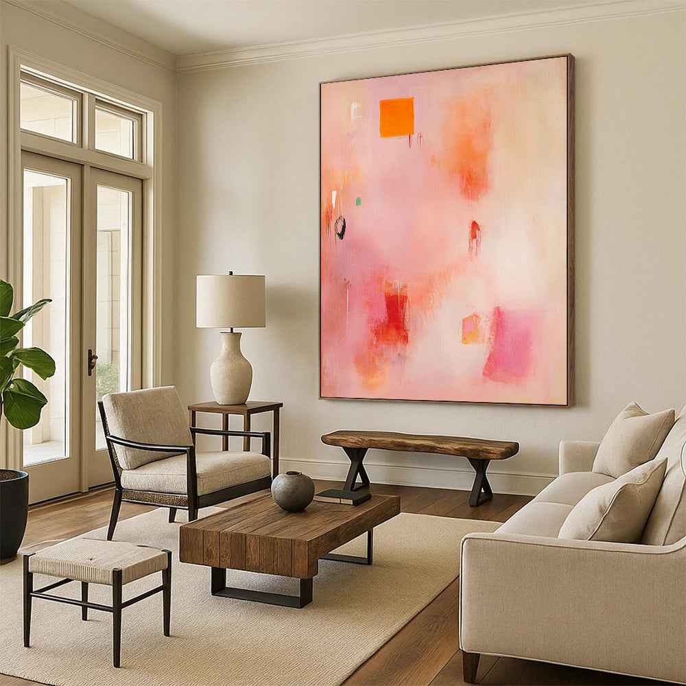 Contemporary hand-painted abstract artwork featuring soft pinks and oranges with organic brush strokes and vibrant yellow and red shapes. DLZ0926