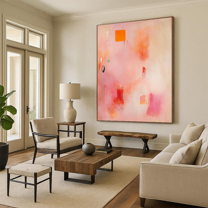 Contemporary hand-painted abstract artwork featuring soft pinks and oranges with organic brush strokes and vibrant yellow and red shapes. DLZ0926