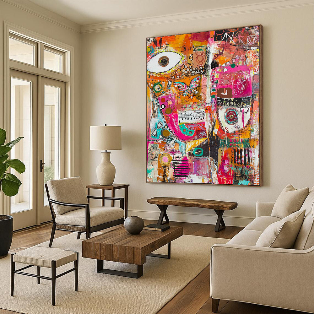 Vibrant contemporary abstract painting featuring joyful collage of musical notes fabric scraps paint splatters and geometric forms celebrating creativity and expression. DLZ0948