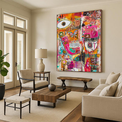 Vibrant contemporary abstract painting featuring joyful collage of musical notes fabric scraps paint splatters and geometric forms celebrating creativity and expression. DLZ0948
