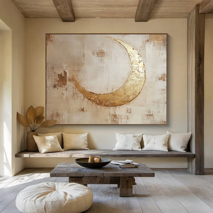 “Gilded Crescent Moonlit” - Gold, Beige, Brown, Textured Celestial Symbol Scenes Painting On Canvas HB1024