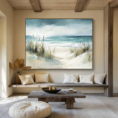 “Beach Path With Grasses” - Teal, Beige, Impressionist Beach Scene On Canvas HB0698