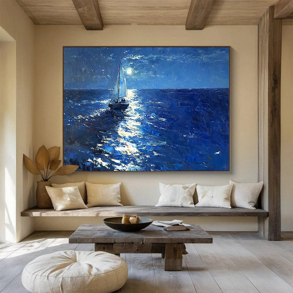 “Moonlit Sail on the Ocean” - Deep Blues, Silvers, Whites, Sailboat on Moonlit Sea - Luminist Oil Painting HB1695