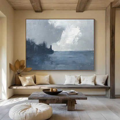 “Coastal Mist” - Muted grays, whites, deep blues; Stormy sky, sea, dark coastline; Atmospheric Seascape Painting On Canvas HB1148