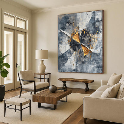 Gray, Black, White and Gold Abstract Shards "Elegant Ruins" Painting On Canvas HB362