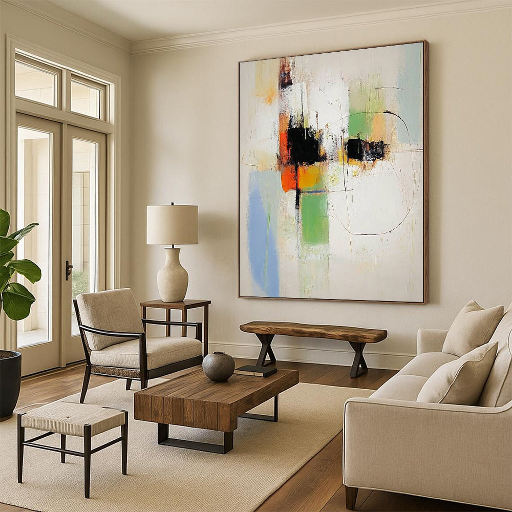 Contemporary abstract painting featuring bold colors and dynamic shapes designed to enhance modern spaces with artistic elegance. DLZ1777