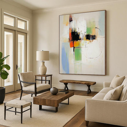 Contemporary abstract painting featuring bold colors and dynamic shapes designed to enhance modern spaces with artistic elegance. DLZ1777