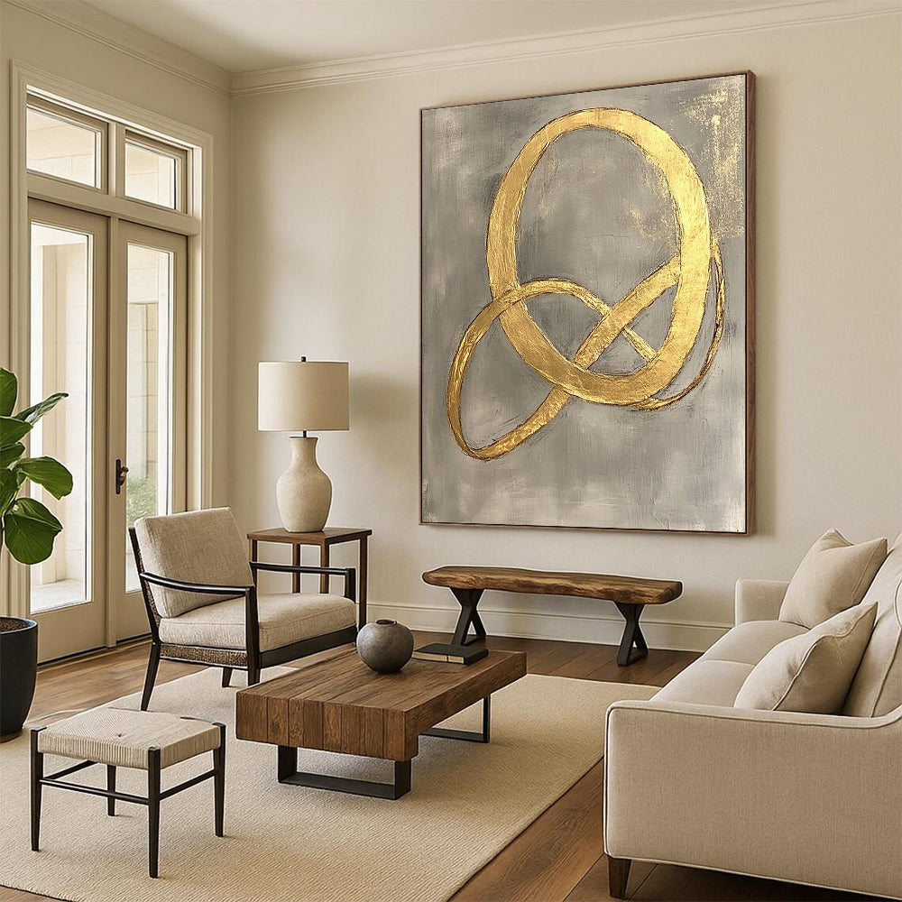 Contemporary hand-painted abstract art features intertwined shapes with elegant curves and delicate gold foil on a light gray background. DLZ1577