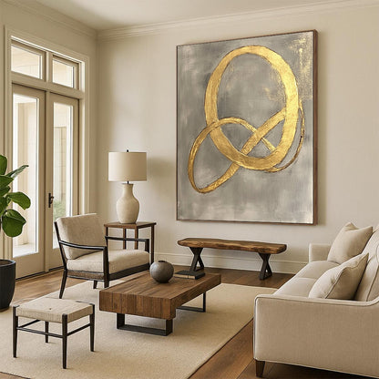 Contemporary hand-painted abstract art features intertwined shapes with elegant curves and delicate gold foil on a light gray background. DLZ1577