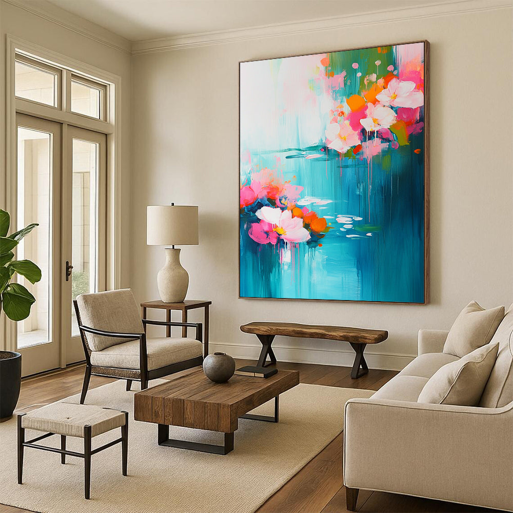 Contemporary abstract artwork featuring vibrant pink and turquoise flowers with serene water lilies, evoking springtime essence through soft brushstrokes and depth. DLZ0378