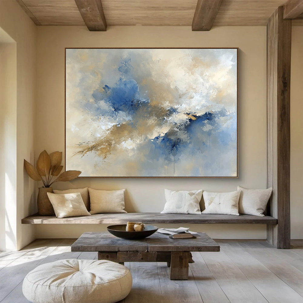 “Ethereal Blue - Beige Cloud Bursts” - Blue, Beige, White, Abstract Cloud - like Forms Painting On Canvas HB0978