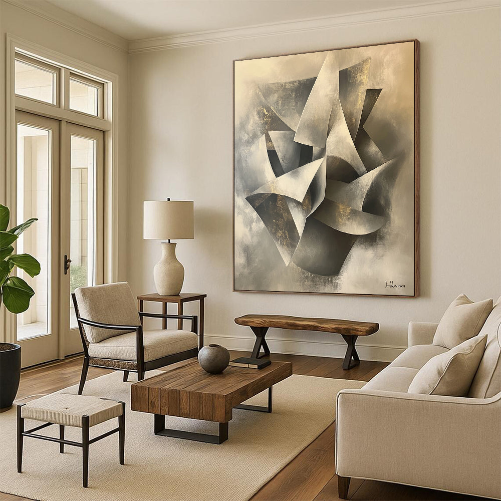 Gray, Silver, Gold and White Geometric Abstraction "Elegant Folds" Painting On Canvas HB394