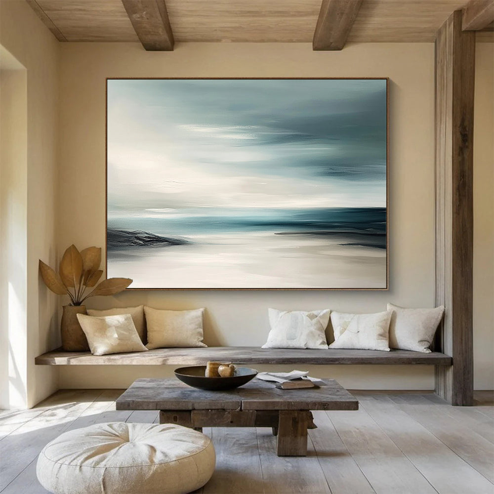 “Abstract Coastal Horizons” - Teal, White, Abstract Coastal Painting On Canvas HB0701