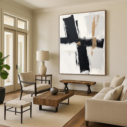 Black, White, Beige, Bold Brushstrokes "Minimalist Crossroads" Abstract Contemporary Painting On Canvas HB050