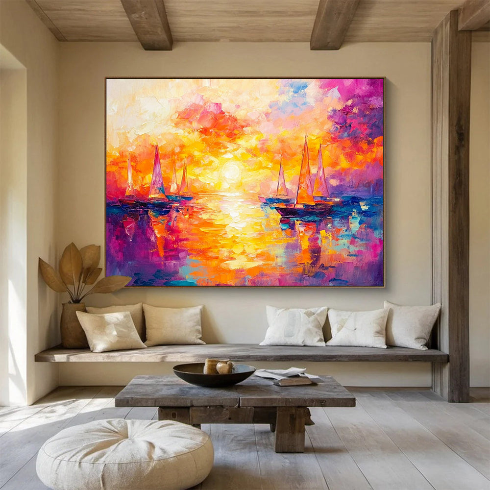 “Sailboats in Fiery Sunset” - Orange, Pink, Purple, Sailboats on Water, Impressionist - style Painting On Canvas HB1098