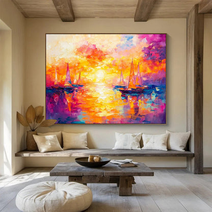 “Sailboats in Fiery Sunset” - Orange, Pink, Purple, Sailboats on Water, Impressionist - style Painting On Canvas HB1098