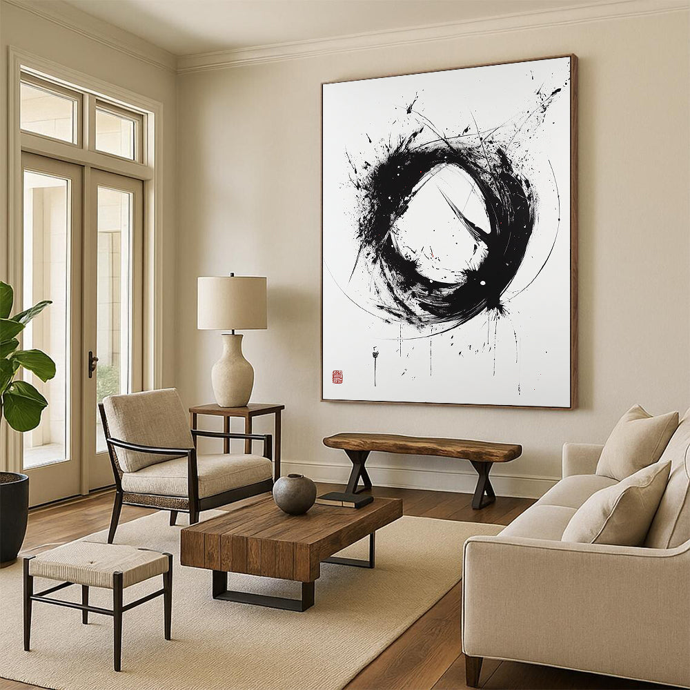 Black and White Dynamic Circle "Wild Enso" Painting On Canvas HB260