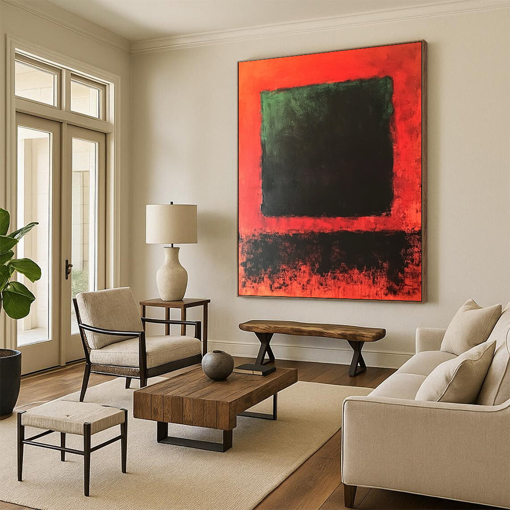 Contemporary hand-painted abstract artwork featuring a central dark green and black square against a blended vibrant red background. DLZ1449