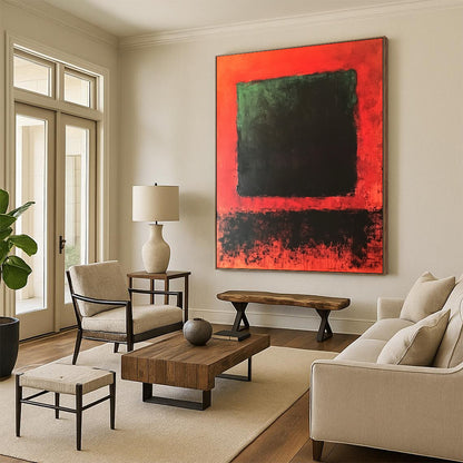 Contemporary hand-painted abstract artwork featuring a central dark green and black square against a blended vibrant red background. DLZ1449
